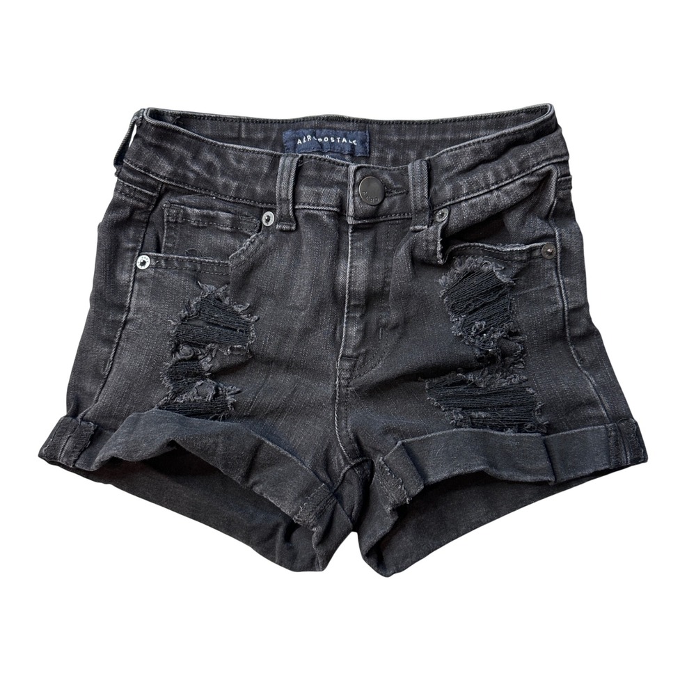 Aeropostale Shorts Womens 0 Black High Rise Midi Distressed Denim Cuffed Stretch